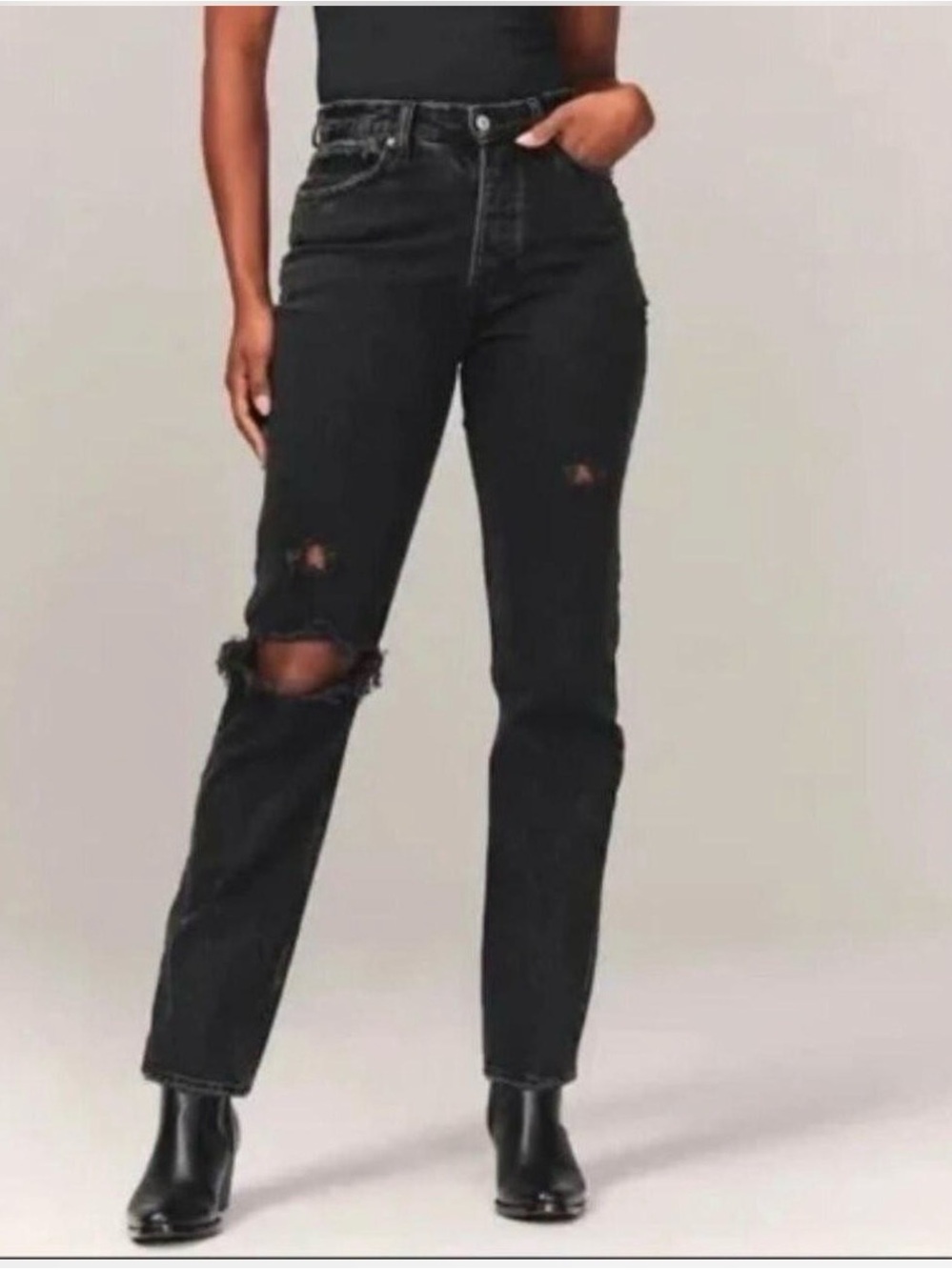 Abercrombie & Fitch Black High-Rise Distressed Straight Jeans